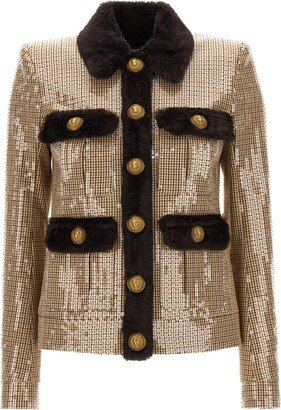 Faux Fur Sequin Embellished Buttoned Jacket