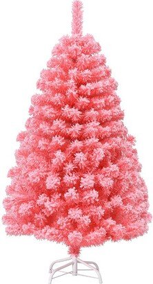 4.5ft Snow Flocked Hinged Artificial Christmas Tree w/ Metal Stand Pink