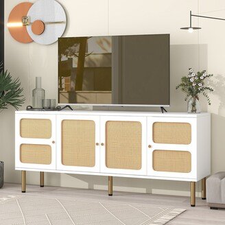 White Storage TV Stand with Rattan Door