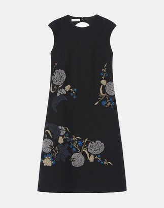 Wool-Silk Crepe Hand-Embroidered Keyhole Back Sheath Dress