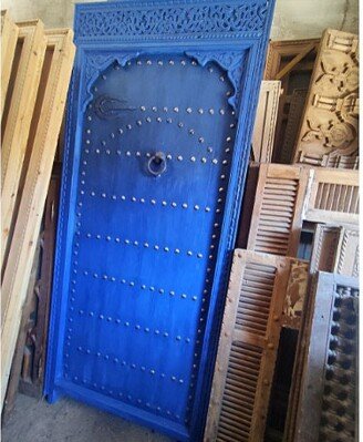 Blue Interior & Exterior Wooden Door, Moroccan Royal Wooden Gate Handmade in Morocco With Metal Knocker & Umberella Nail Heads