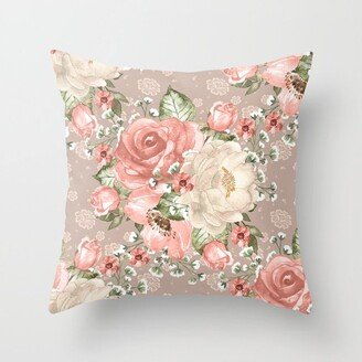 Peach Blush Vintage Watercolor Floral Pattern Throw Pillow