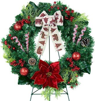 Winter Forest Wreath With Berries, Poinsettia, & Pinecones - Bear Burlap Bow Artificial Christmas Holiday Cemetery On Easel