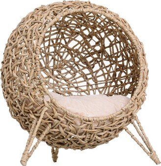 Rattan Cat Bed Elevated Wicker Kitten House with Cushion, Natural, 20.5 x 20.5 x 22.75