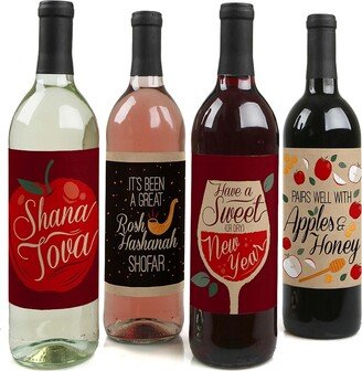 Big Dot Of Happiness Rosh Hashanah - New Year Decor for Women and Men Wine Bottle Label Stickers 4 Ct