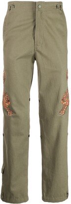 Tiger-Embroidered Straight-Leg Pants
