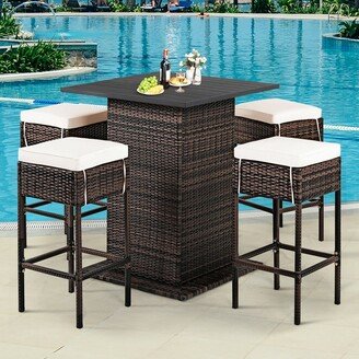 5PCS Patio Rattan Bar Height Table Stool Set Hidden Storage Shelf