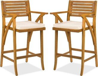 Best Choice Products Set of 2 Outdoor Acacia Wood Bar Stools Bar Chairs w/ Weather-Resistant Cushions - Teak Finish