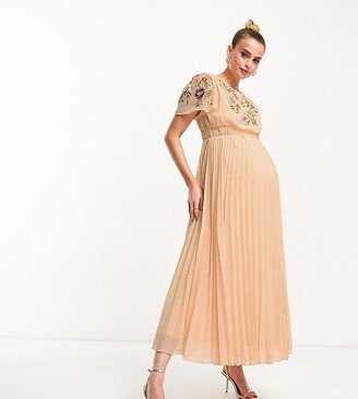 ASOS DESIGN Maternity pleated textured cowl front embroidered maxi dress with belt in coral