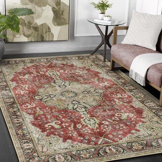 HR Print Bohemian Area Rug - Non-Slip Rubber Backing, Traditional Pattern, Flat Texture, Polyester-AA