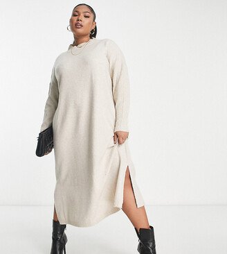 Yours ribbed long sleeve knitted dress in stone