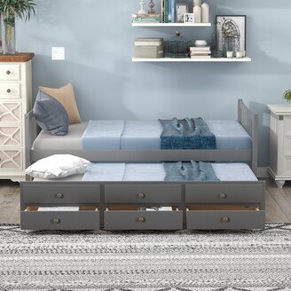 IGEMAN Twin Size Fence-shaped Daybed Functional Wood Sofa Bed with Trundle&3 Drawers