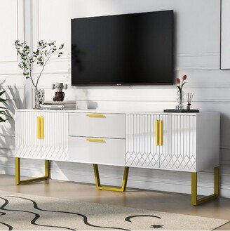 Modern Wood TV Stand for TVs up to 75 with Gold Metal Legs, Handles and Drawers, White