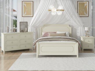 Aoolive 3 Pieces Bedroom Sets Milky White Solid Rubber Wood Queen Size Platform Bed with Nightstand and Dresser