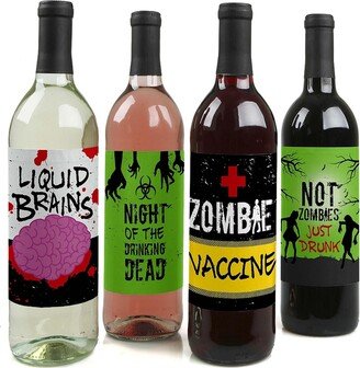 Big Dot of Happiness Zombie Zone - Halloween or Birthday Zombie Crawl Party Decorations for Women and Men - Wine Bottle Label Stickers - Set of 4 - As