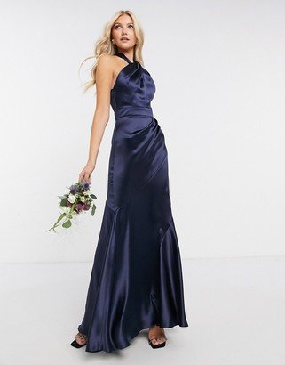 Bridesmaid satin halter maxi dress with paneled skirt and keyhole detail