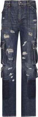 Distressed-Finish Straigh-Leg Cargo Jeans