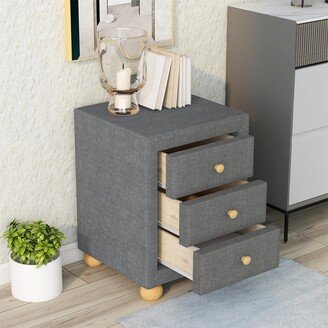 TOSWIN Modern Upholstered Storage Nightstand with 3 Drawers and Natural Wood Knobs, Dark Gray