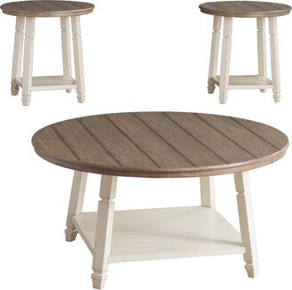 Farmhouse Style Oak Wood Table Set with Canted Legs and Lower Shelf, Set of Three, White and Brown