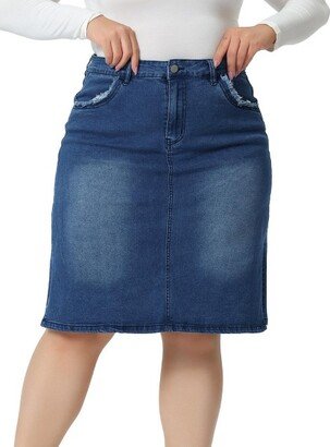 Agnes Orinda Women's Plus Size Casual Slim Side Slit Jean Denim Pencil Skirt Blue 3X