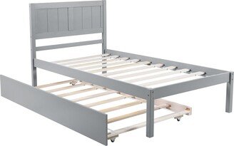 IGEMAN Modern Minimalistic Twin Size Pine Wood Platform Bed with Twin Trundle, Grey-AA