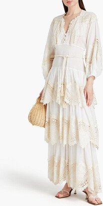 Crocheted lace-trimmed tiered ramie-gauze maxi dress