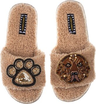 Laines London Teddy Towelling Slipper Sliders With Rocco & Paw Brooch - Toffee