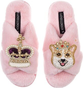 Laines London Classic Laines Slippers With Artisan Sandy The Corgi & Royal Crown Brooches - Pink