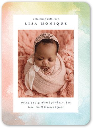 Birth Announcements: Watercolor Welcome Birth Announcement, White, 5X7, Matte, Signature Smooth Cardstock, Rounded