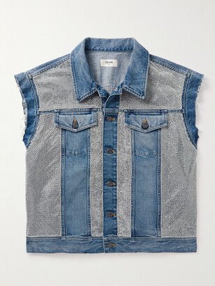 Oversized Crystal-Embellished Distressed Denim Gilet