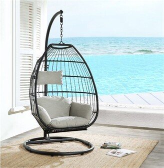 TONWIN Black Wicker Patio Hanging Chair Swing with Stand and Beige Cushion