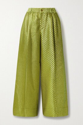 Pleated Metallic Brocade Wide-leg Pants - Green