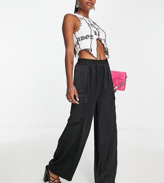 Flounce London Petite satin wide leg cargo pants in black