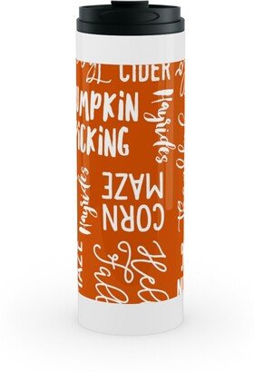 Travel Mugs: Favorite Things Of Fall - Fall Words On Cider Stainless Mug, White, 16Oz, Orange