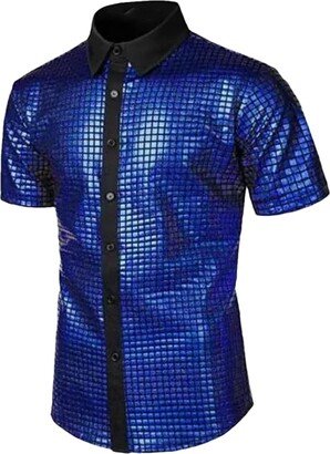 HEYDHSDC Men's 70s Disco Shirts Metallic Sequins Short Sleeve Button Down Christmas Party Shirts Nightclub Prom Blue XL