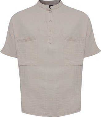 Monique Store Linen Mandarin Neck Half Button, Two Chest Pockets Shirt Beige