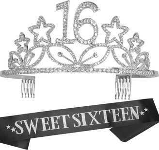 MEANT2TOBE 16th Birthday Sash and Tiara for Girls - Fabulous Set: Glitter Sash + Stars Rhinestone Premium Metal Tiara, 16th Birthday Gifts for Sweet 1