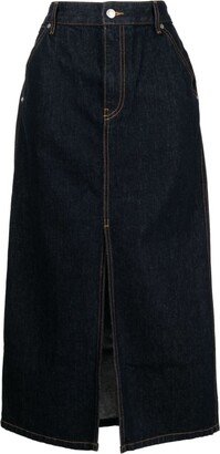 high-waist A-line denim midi skirt