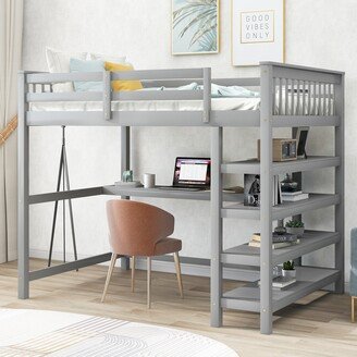 Calnod Full Loft Bed with Under-Bed Desk and 4-Tier Storage Shelves, High Loft Bed with Solid Pine Wood Frame, Space Saving Design