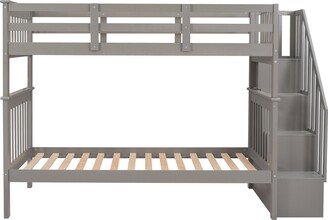 IGEMAN Gray Stairway Separable Twin-Over-Twin Wood Bunk Bed with Storage and Guard Rail, 93.9''L*42.1''W*62.2''H, 168LBS