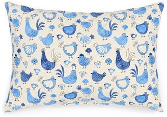 Outdoor Pillows: Chicken And Rooster - Watercolor - Blue On Creme Outdoor Pillow, 14X20, Double Sided, Blue