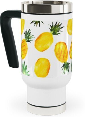 Travel Mugs: Watercolor Pineapples - Yellow Travel Mug With Handle, 17Oz, Yellow