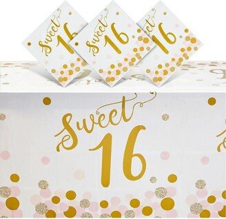 Blue Panda 3-Pack Sweet 16 Birthday Party Supplies, Tablecloths for Girls 16th Birthday Table Decorations, Pink and Gold Party Supplies, 54x108 in