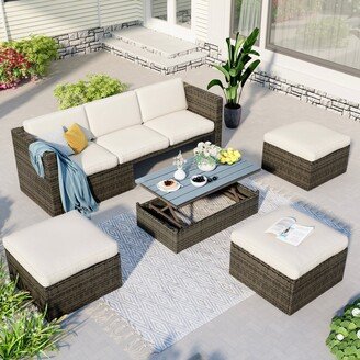 JimsMaison 5-Piece Outdoor Wicker Patio Sofa with Ottomans and Lift Top Coffee Table