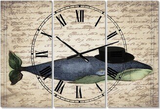 Designart Old Style Whale with Hat Oversized Nautical & Coastal 3 Panels Wall Clock - 38
