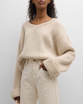 Two-Tone Paillette V-Neck Roll-Cuff Cashmere Sweater