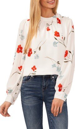 Button Detail Floral Tie Neck Blouse