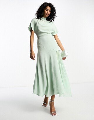 cowl neck midi dress with asymmetric pleat hem in sage green