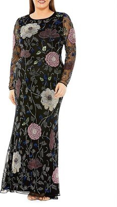 Embroidered Floral Long-Sleeve Column Gown