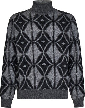 Pattern Intarsia Roll-Neck Knitted Jumper-AA